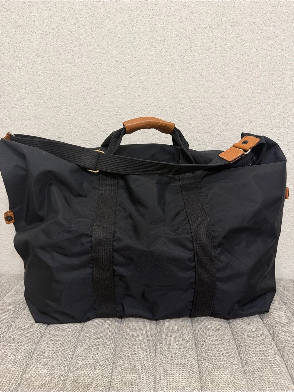 Longchamp Black Duffel Bag with Brown Leather Trim